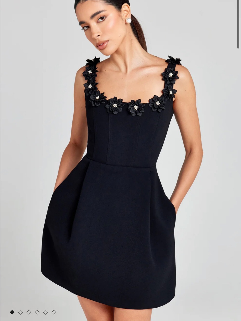 NADINE MERABI Black Floral-Appliqué Square Neck Mini Dress